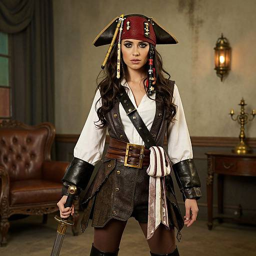 Photograph of a woman in a pirate costume with a tricorne hat, white shirt, brown vest, and leather cuffs, holding a sword in