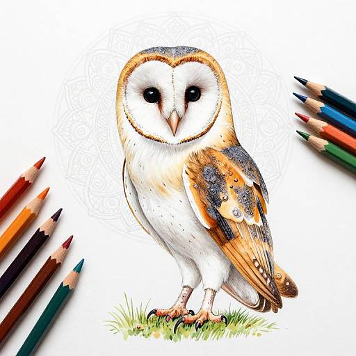 Colorful digital drawing of a barn owl with vibrant orange, black, and white feathers, surrounded by sharpened colored pencils on white background.
