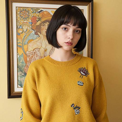 Photograph of a young woman with short black hair, wearing a yellow sweater with embroidered insects, standing in front of a framed Van Gogh painting.