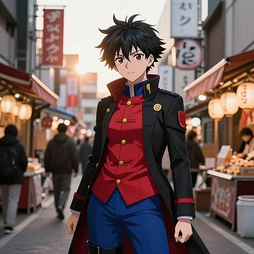 Anime-style illustration of a black-haired, blue-eyed male character in a red and black military-style uniform, standing in a busy, illuminated Japanese street market