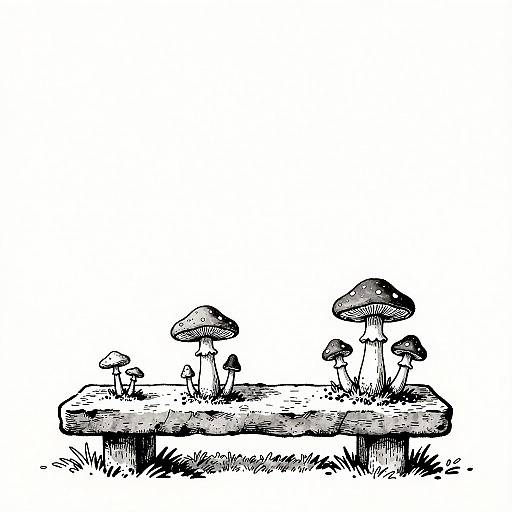 Monochrome Ink Illustration of Mushrooms on Stone Bench