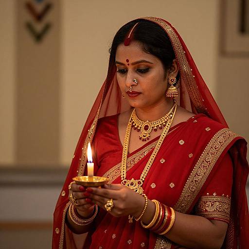Devout Woman in Traditional Karvachauth Attire