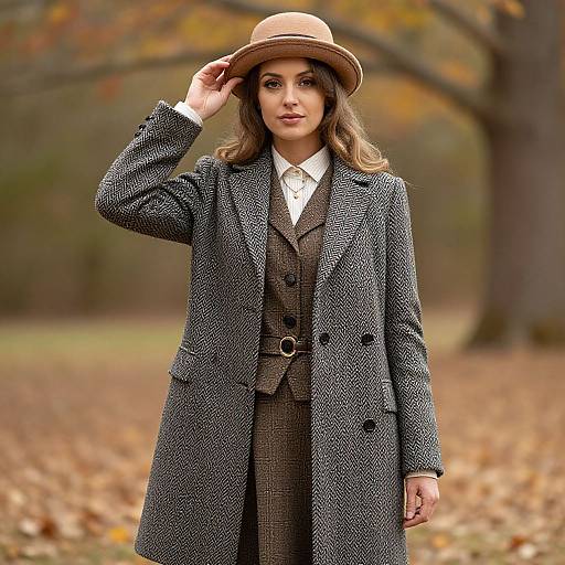 Photograph of a brunette woman in autumn, wearing a brown herringbone coat, brown three-piece suit, white shirt, beige hat, standing in