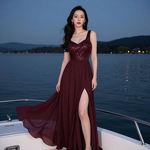 Photograph of a beautiful Asian woman with long black hair, wearing a deep burgundy, sequined, sleeveless dress with a thigh-high slit,