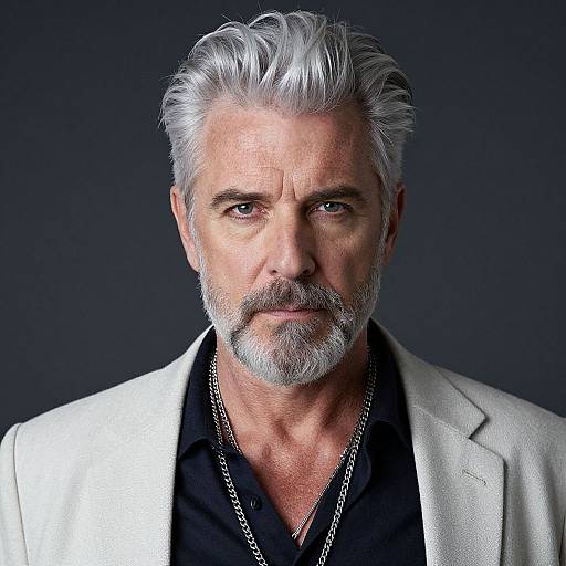 Photograph of an older, silver-haired man with a gray beard, wearing a white blazer, black shirt, and silver chain, against a dark