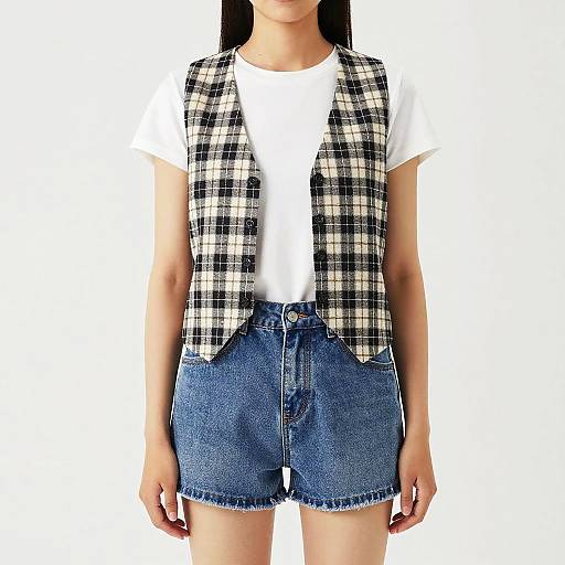 Woman Wearing Checkered Vest and Denim Shorts