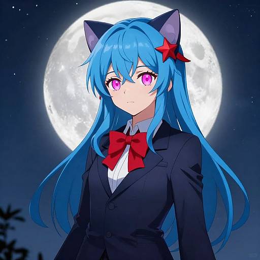 Anime-style digital drawing of a blue-haired girl with cat ears, red star hairpin, pink eyes, black blazer, red bowtie, and