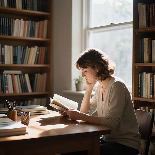 Photograph of a woman with short brown hair, reading a book in a sunlit library, surrounded by bookshelves, sitting at a wooden table