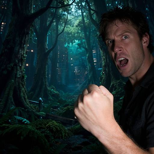 Photograph of a startled, wet-haired man with an open mouth, clenched fist, in a dark, dense forest with blue-tinted city