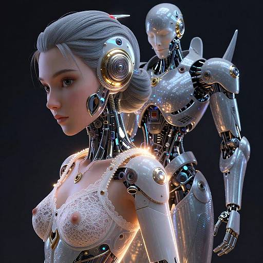 CGI image of a futuristic, cybernetic woman with silver hair, white lace lingerie, and glowing joints, standing beside a metallic robot against a
