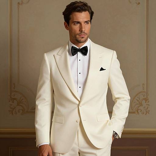 Photograph of a handsome man with short dark hair in a white tuxedo with black bow tie, standing in an elegant room.