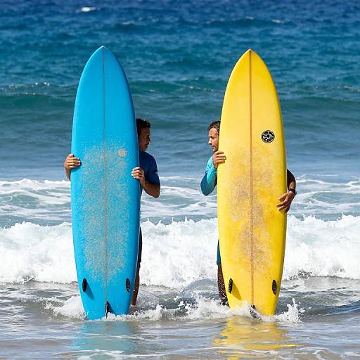 Surfers Chatting on Colorful Boards