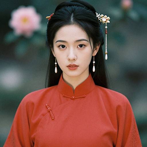 Photograph of an East Asian woman with long black hair, wearing a red traditional cheongsam, adorned with floral hairpiece and pearl earrings, against