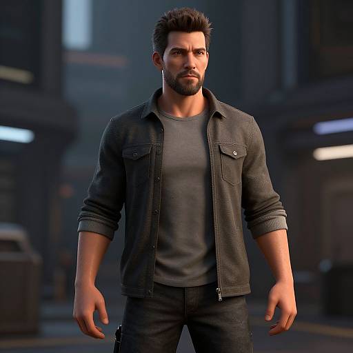 CGI image of a handsome, muscular man with dark hair and beard, wearing a black denim jacket and gray shirt, standing in a dimly lit