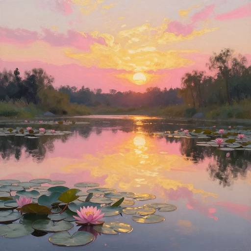 Dreamlike Sunset Over Water Lily Pond