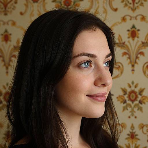 Photograph of a young woman with fair skin, blue eyes, and long black hair, smiling slightly, against a vintage floral-patterned wallpaper.