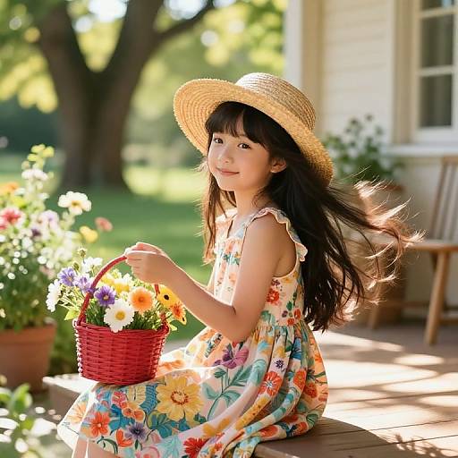 Photograph of a young Asian girl with long black hair, wearing a straw hat and floral dress, holding a red basket of colorful flowers on a sun