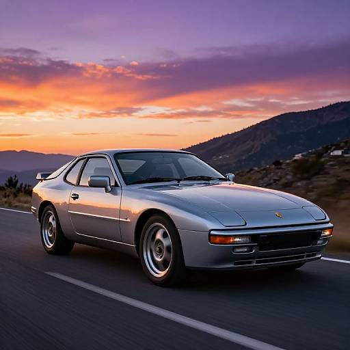 Photograph of a silver Porsche 911 Carrera driving on a mountain road at sunset, with a vivid orange and purple sky in the background.