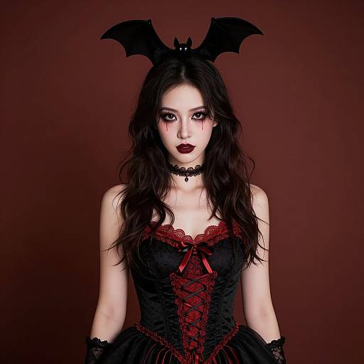 Photograph of pale-skinned woman with long black hair, wearing black bat headband, red-black corset dress, lace choker, and gloves