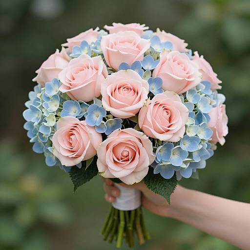 Photograph of a hand holding a bouquet of pale pink roses and light blue hydrangeas, with green leaves and a blurred dark green background.