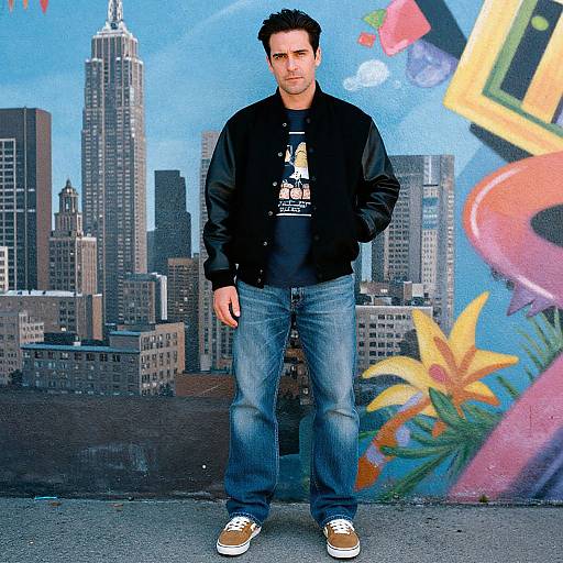 Photograph of a serious, dark-haired man in a black jacket and jeans, standing in front of a vibrant graffiti mural of a cityscape.