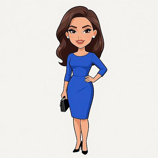 Cartoon-style illustration of a confident woman with long brown hair, wearing a blue knee-length dress, black heels, and holding a black purse. White