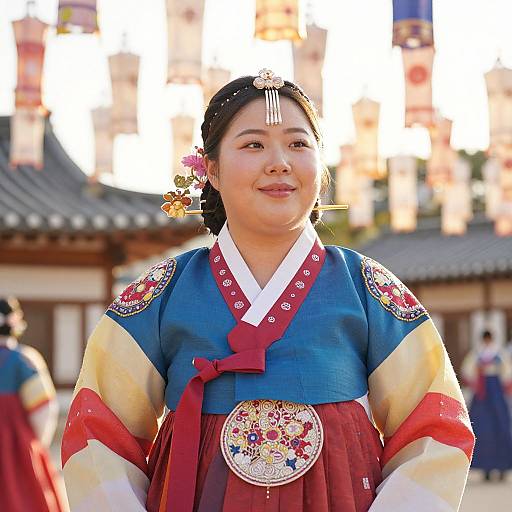 Photograph of a smiling Korean woman in traditional hanbok, featuring blue, red, and cream colors, adorned with intricate silver and floral patterns,