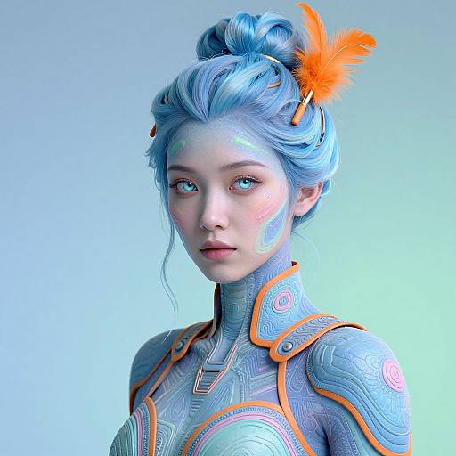 Digital artwork of a young woman with blue hair, pale skin, and neon orange feather, wearing a futuristic, patterned, blue and orange bodys