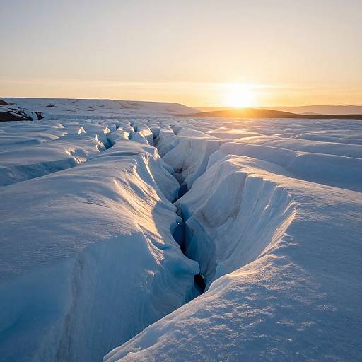 Photograph of a sunlit Arctic landscape with a deep, winding crevasse cutting through snow-covered ice under a golden sunset sky.