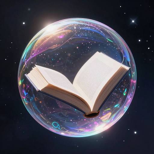 Digital artwork of an open book glowing inside a colorful, iridescent bubble floating in a starry, dark space background.