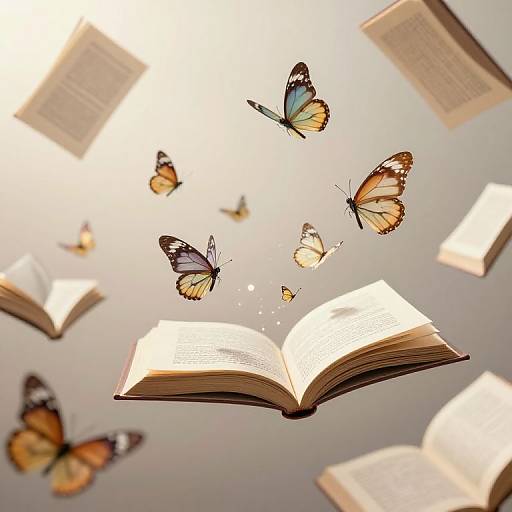 Photograph of floating open books and colorful butterflies in mid-flight against a bright, white background, creating a whimsical, magical atmosphere.