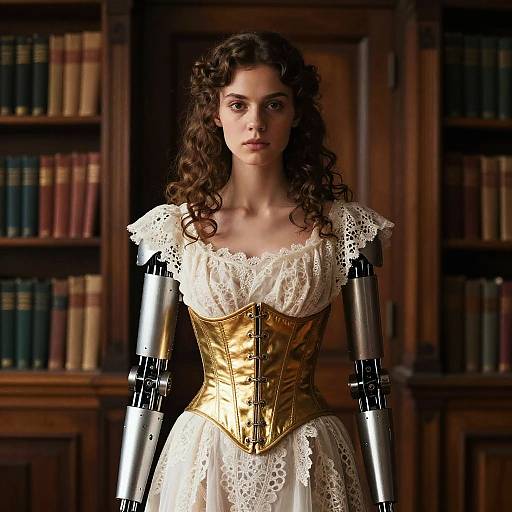 Photograph of a young woman with curly brown hair, wearing a white lace dress and gold corset, with robotic metal arms, standing in a dim