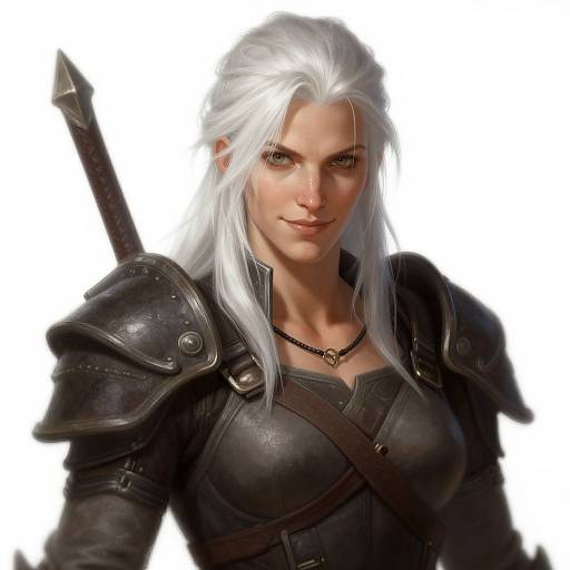 Digital art of a stern-looking white-haired woman in black leather armor with shoulder pauldrons and a sword on her back. White background.