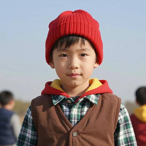Portrait of Young Boy in Red Knit Hat