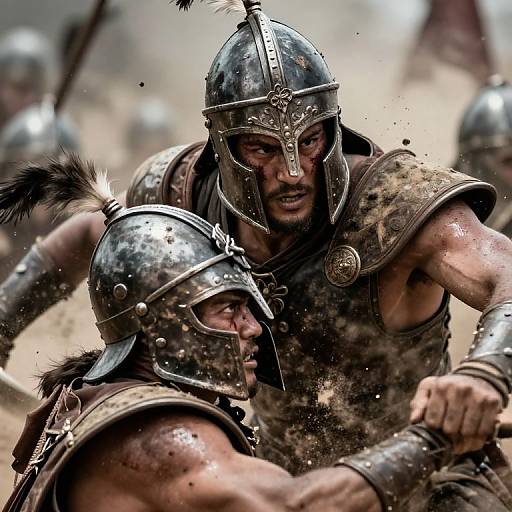 Photograph of intense battle scene: two muscular, dirty, armored warriors with fierce expressions, wearing helmets with feathers, fighting in dusty arena.