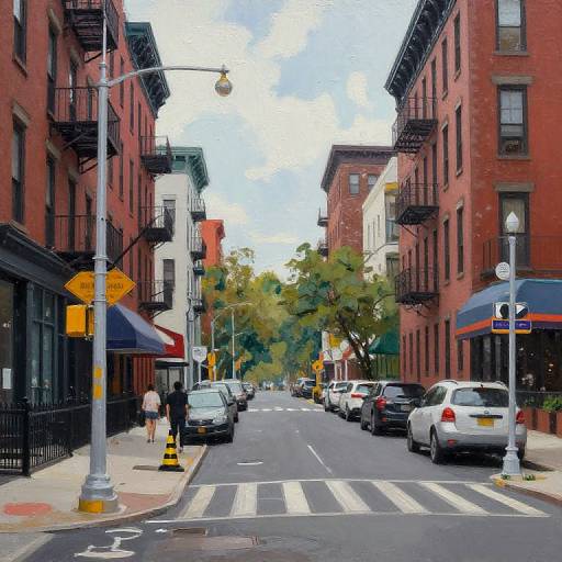 Photograph of a quiet urban street with red-brick buildings, black fire escapes, parked cars, crosswalk, street signs, and blue awnings