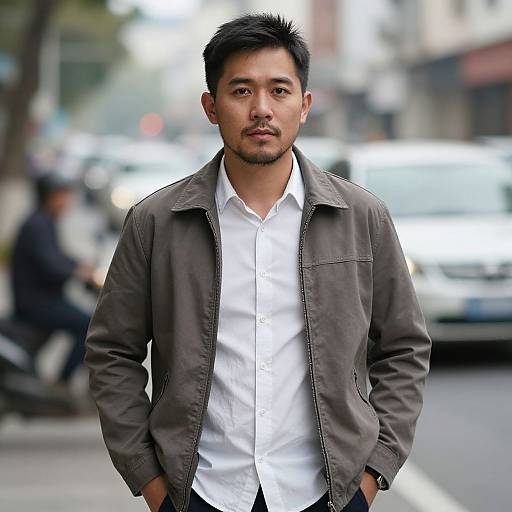 Photograph of a young Asian man with short black hair and a goatee, wearing a white shirt and brown jacket, standing confidently on a blurred urban