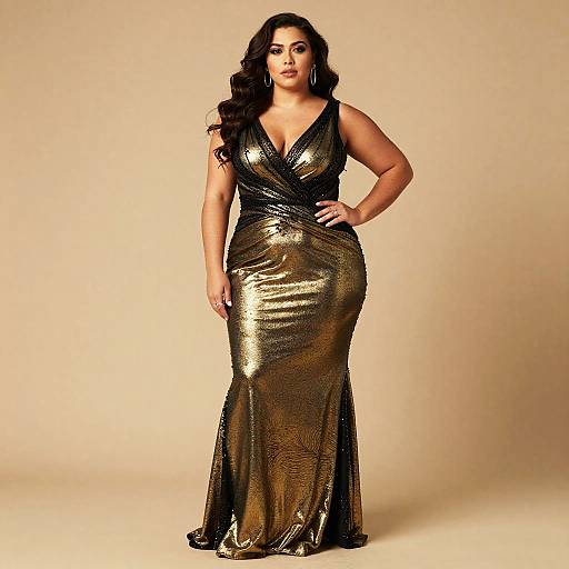 Plus Size Woman in Black and Gold Dress