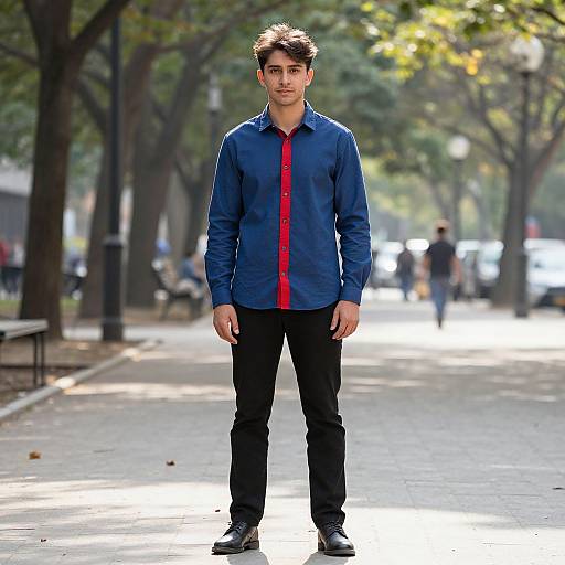 Photograph of a young man with short, dark hair wearing a blue shirt with red buttons and black pants standing on a sunlit, tree-lined street
