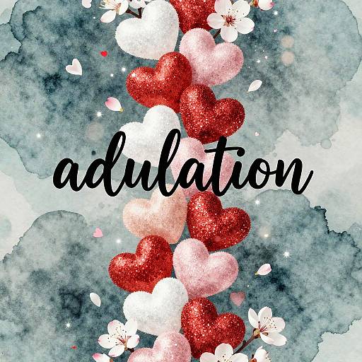 Digital art of red and white glittery hearts with white flowers on a blue watercolor background, featuring the word 
