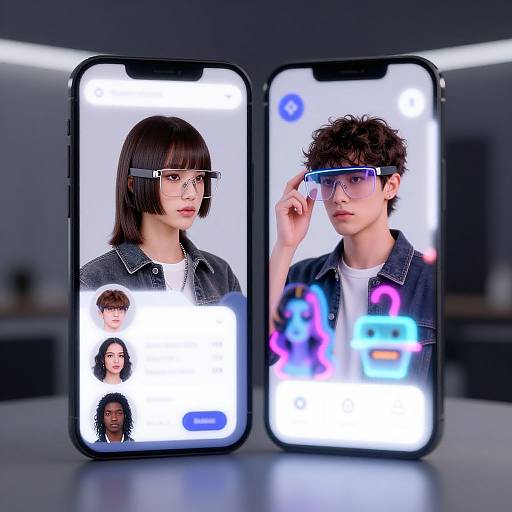 Photograph of two smartphones displaying identical portraits of a white woman with glasses and a white man with curly hair, both wearing denim jackets, with digital neon