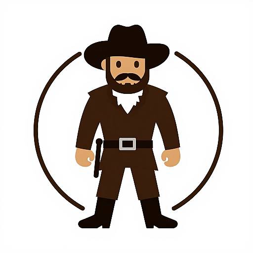 Cartoon-style digital drawing of a bearded man in a brown cowboy outfit, black hat, and belt with a gun, standing against a white background