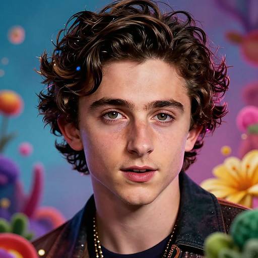 Photorealistic digital portrait of a young man with curly brown hair, fair skin, and green eyes, wearing a dark jacket, set against a vibrant