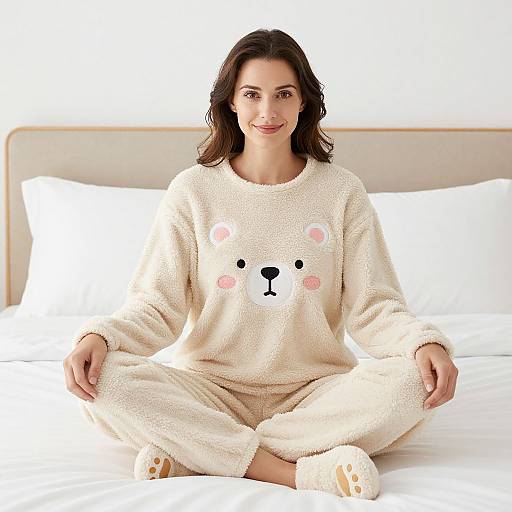 Photograph of a smiling woman with dark brown hair, wearing a white, fluffy bear-themed sweater and pants, sitting cross-legged on a white bed.
