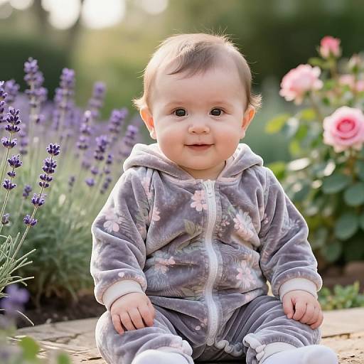 Photograph of a smiling baby with light brown hair, wearing a gray floral zip-up onesie, sitting in a garden with lavender and pink roses in