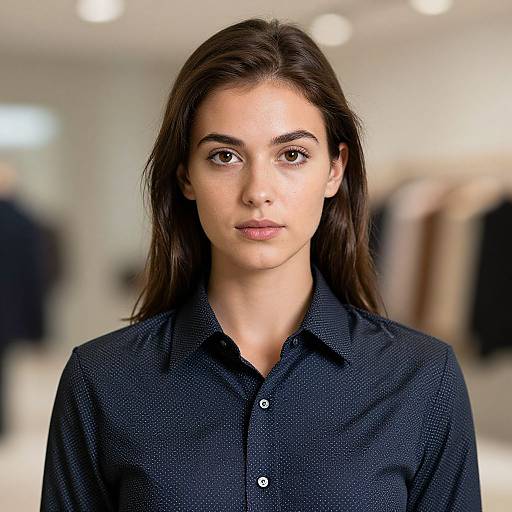 Photograph of a young woman with long brown hair, brown eyes, and light skin, wearing a black polka-dot button-up shirt, standing in
