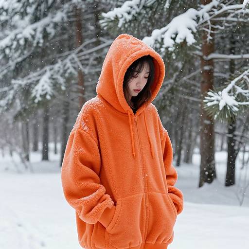 Photograph of a young woman in an orange, hooded, fuzzy winter coat standing in a snowy forest, looking down, hands in pockets. Snow