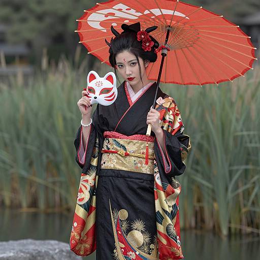 East Asian Woman in Traditional Kimono Holding Fox Mask and Umbrella