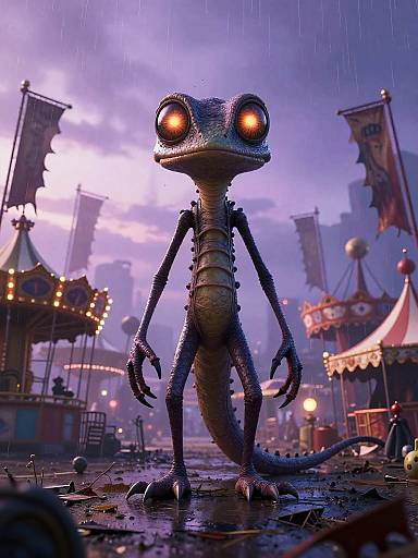 CGI cartoon of a tall, eerie, glowing-eyed frog with dark, textured skin standing in a rainy, dimly-lit carnival at night.