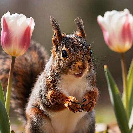 Hyperrealistic Baby Squirrel in Tulip Meadow